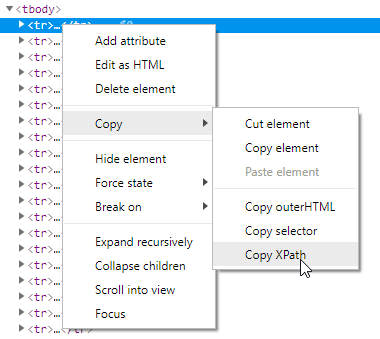 Right-click menu to copy XPath selector in Chrome DevTools